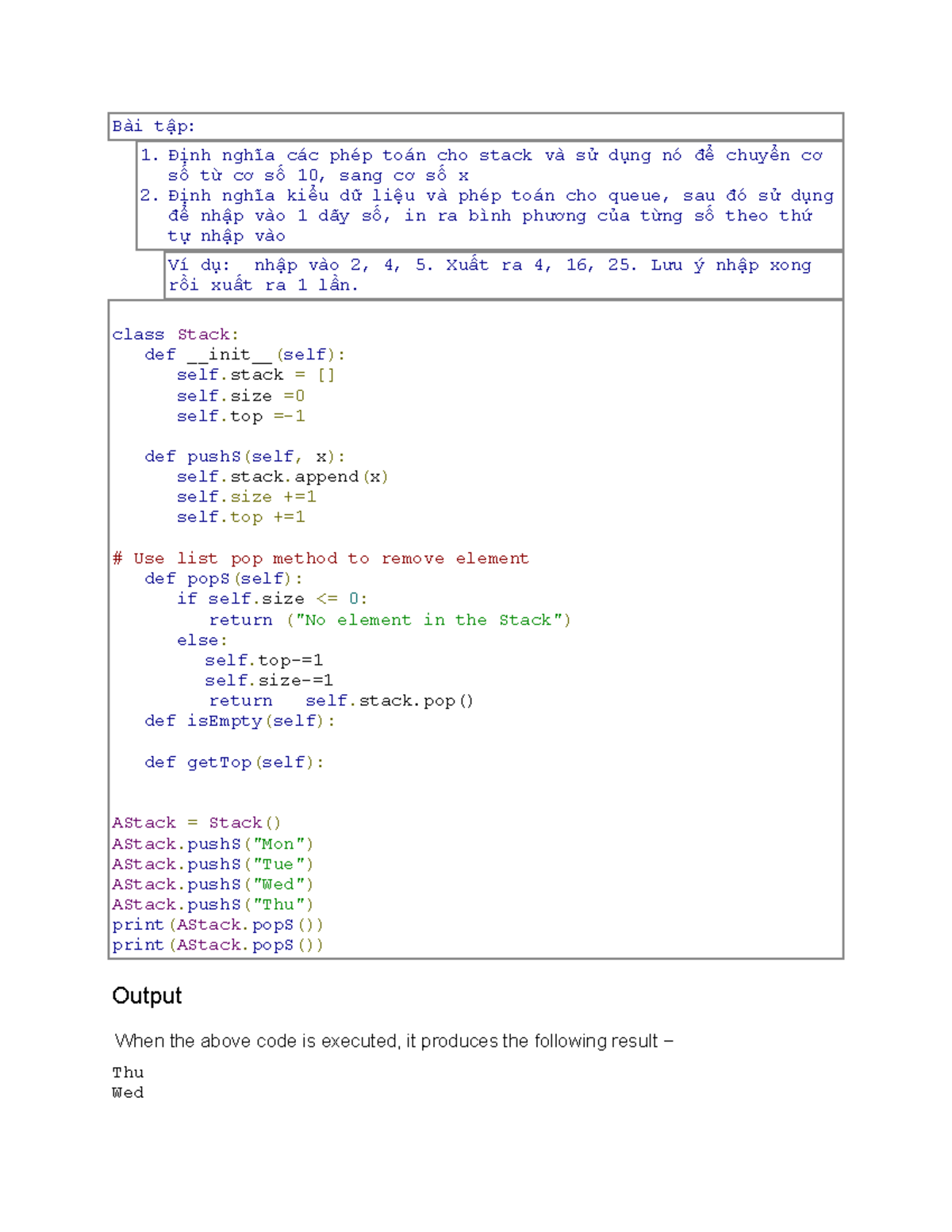3.Stack Queue. Python gui SV - Bài tập: 1. Định nghĩa các phép toán cho ...