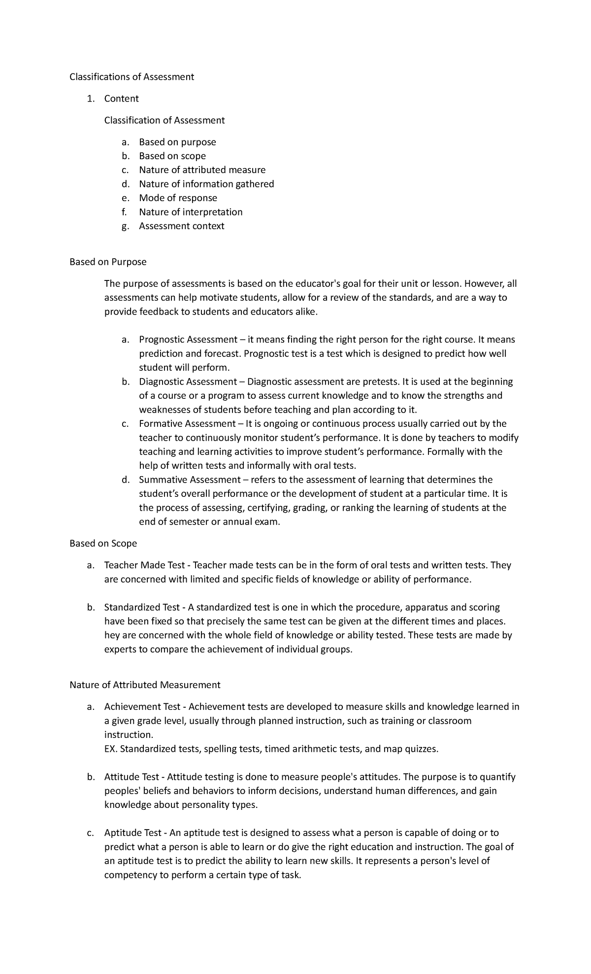 Classifications of Assessment - Classifications of Assessment Content ...