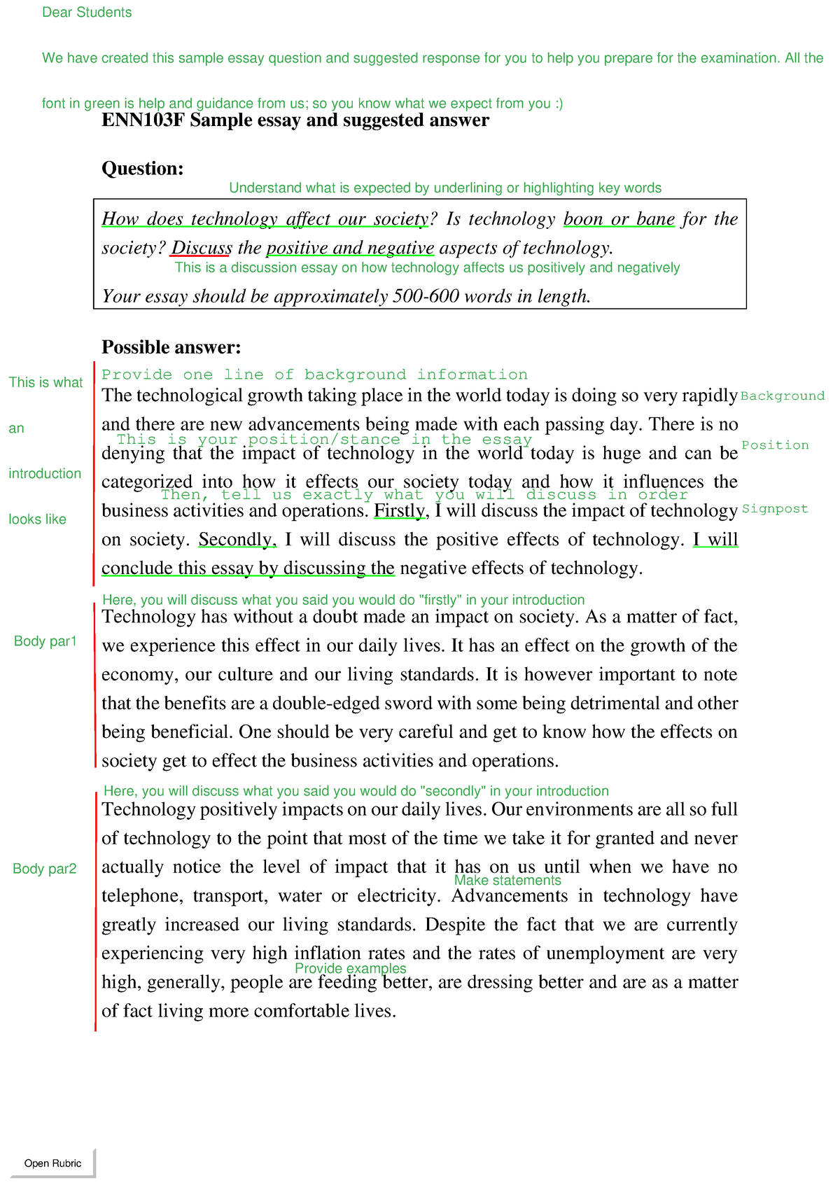 ENN103F Sample discursive essay and suggested answer - ENN103F Sample ...