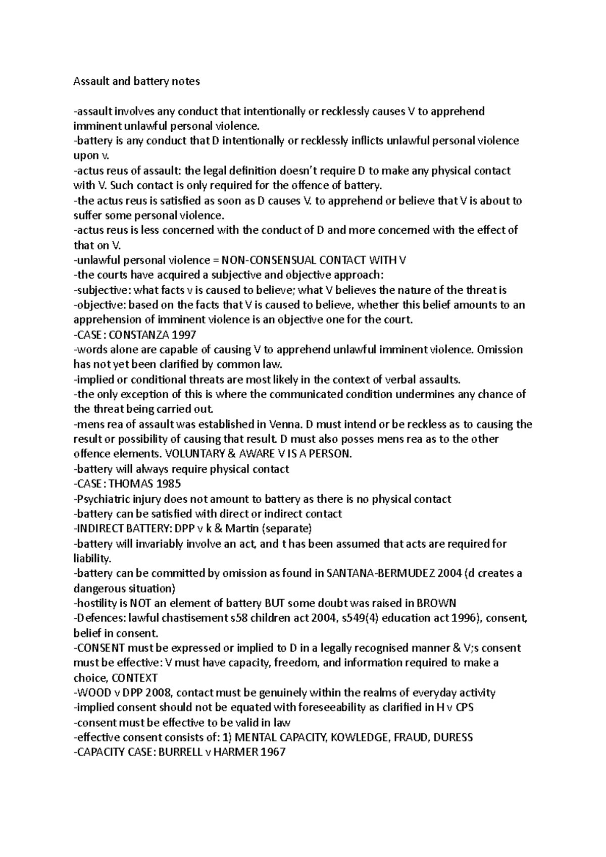 Assault and battery notes - Assault and battery notes -assault involves ...
