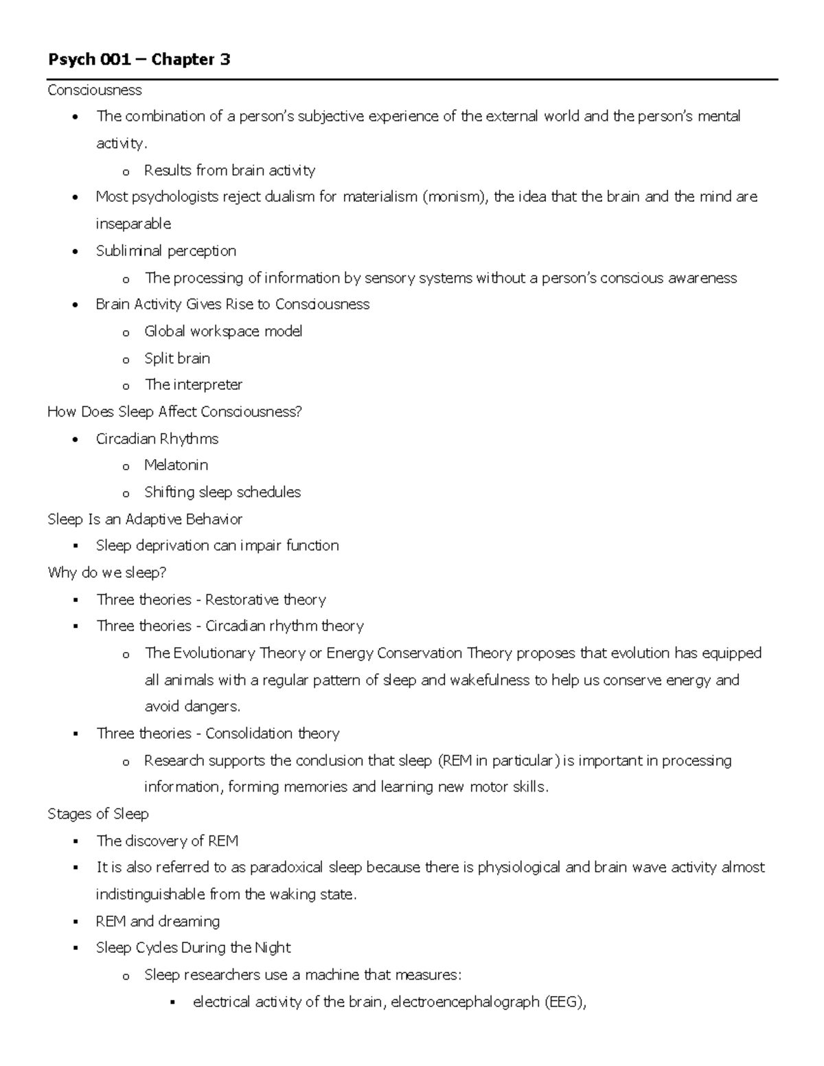 Ch3 - Pysc Notes - Psych 001 – Chapter 3 Consciousness - The ...