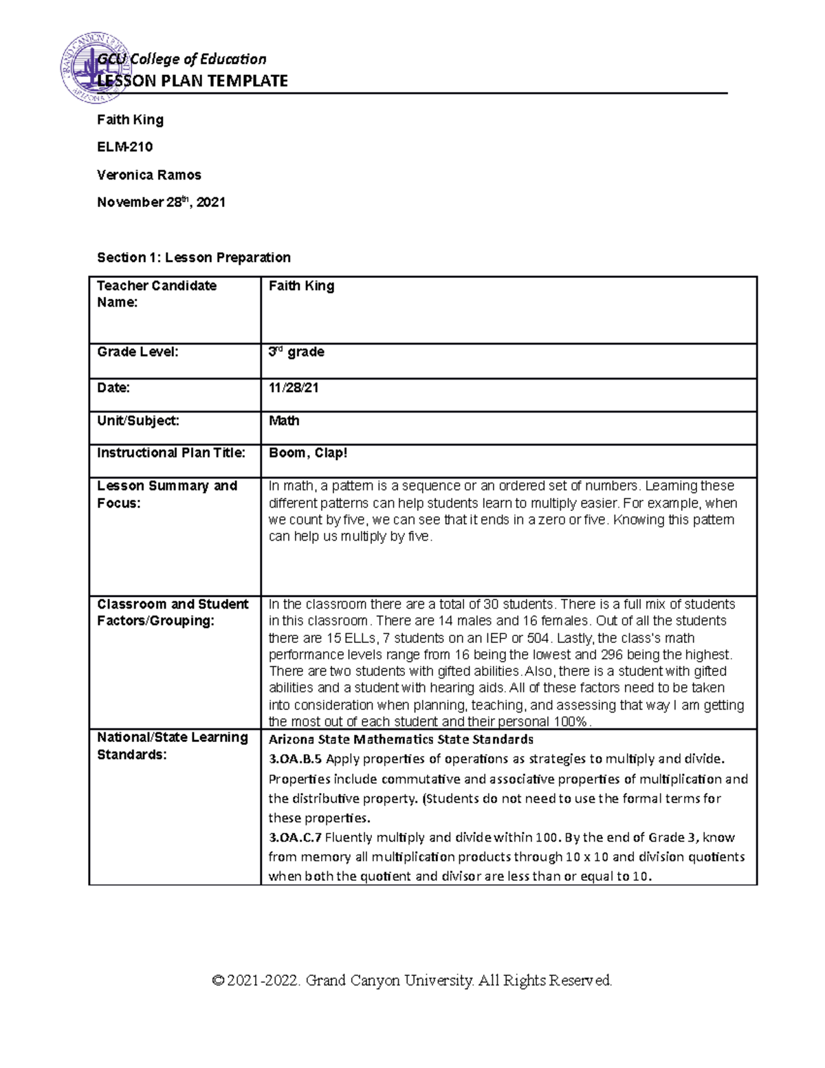 ELM-210 Final Benchmark - LESSON PLAN TEMPLATE Faith King ELM- Veronica ...