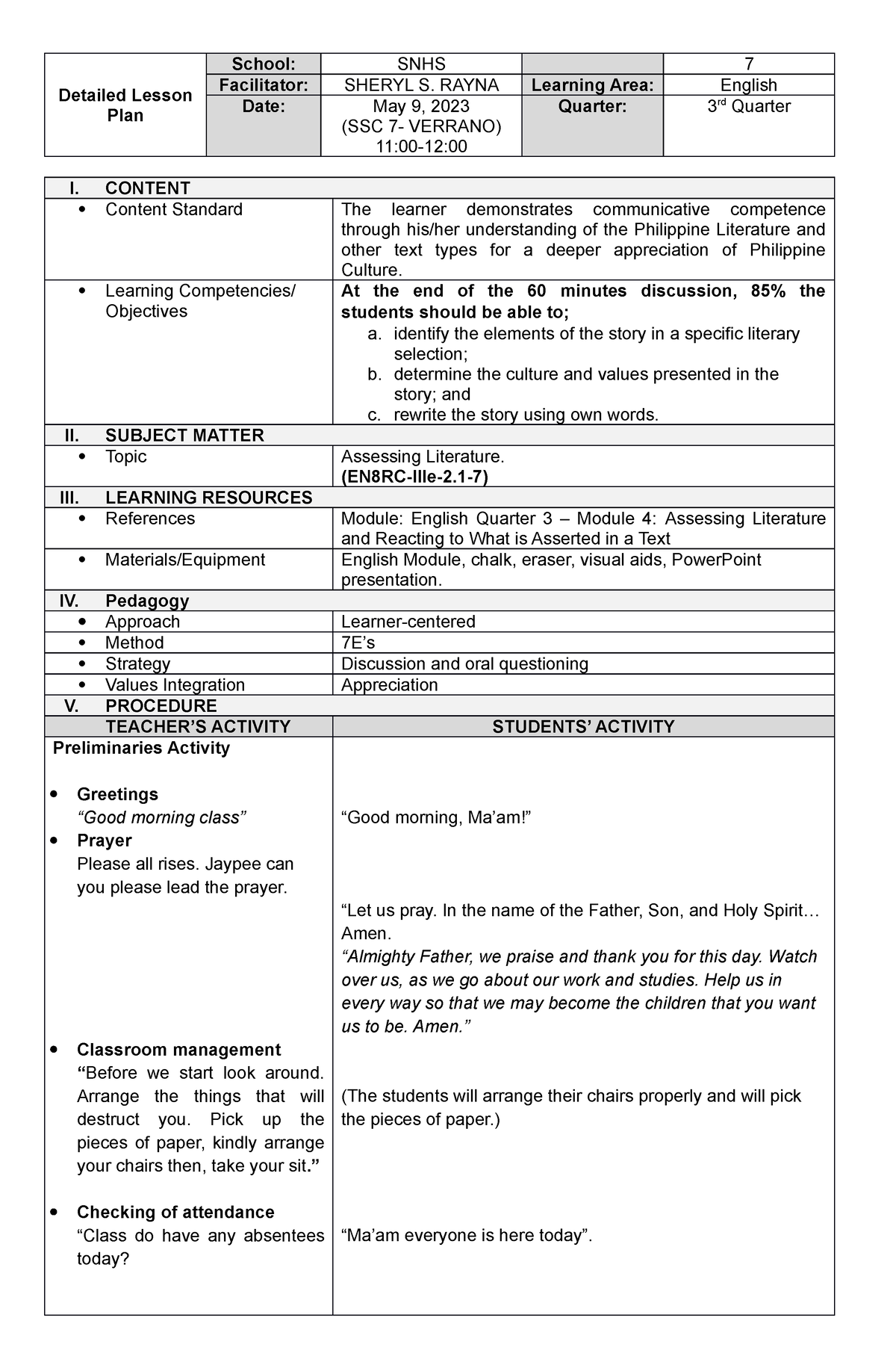 Final DLP - Learning Materials - Detailed Lesson Plan School: SNHS 7 ...