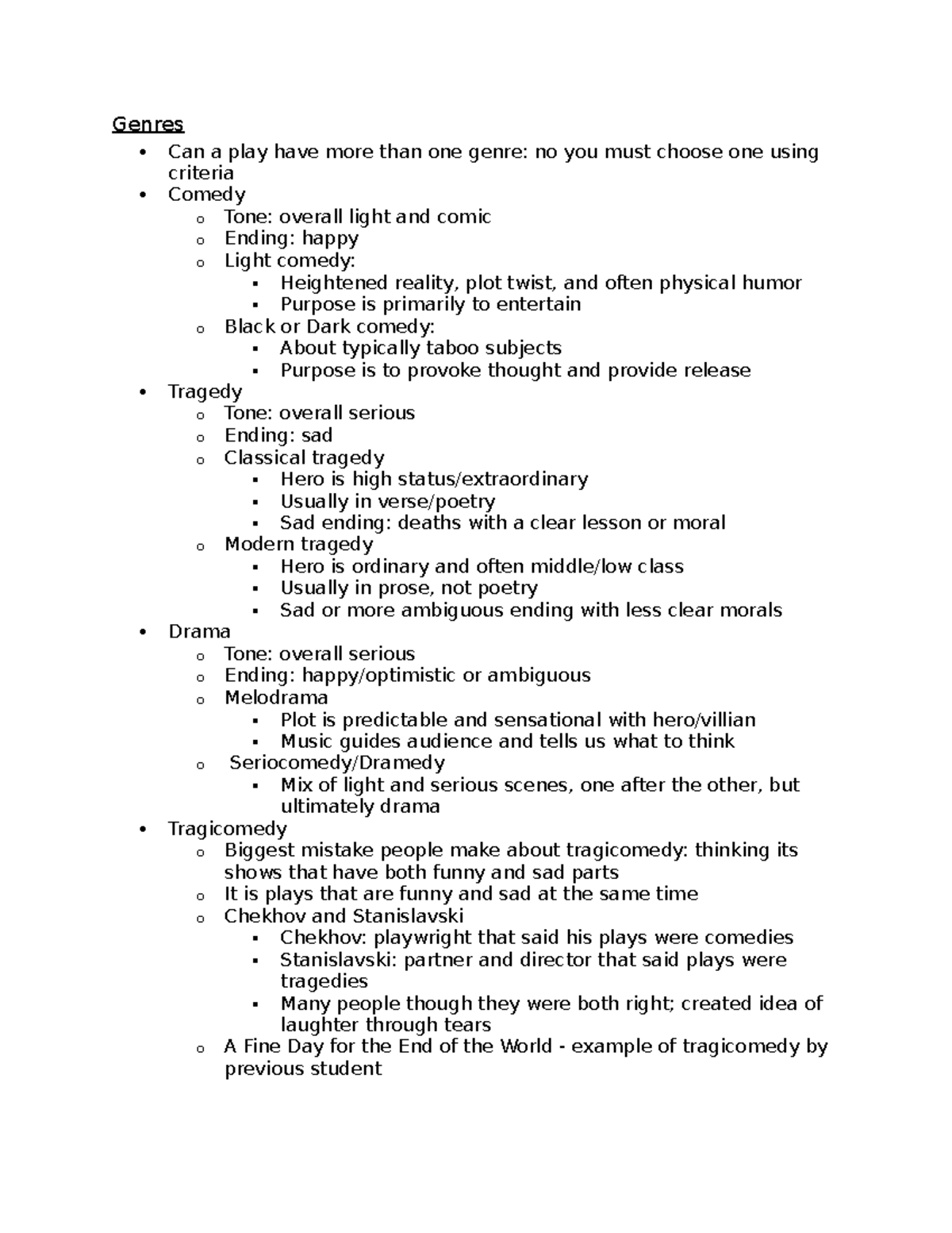 Theater 102 Notes Week 4-8 - Genres Can a play have more than one genre ...