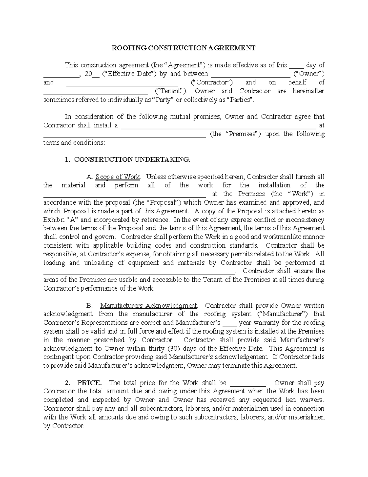 Pdf template roofing contract template - ROOFING CONSTRUCTION AGREEMENT ...