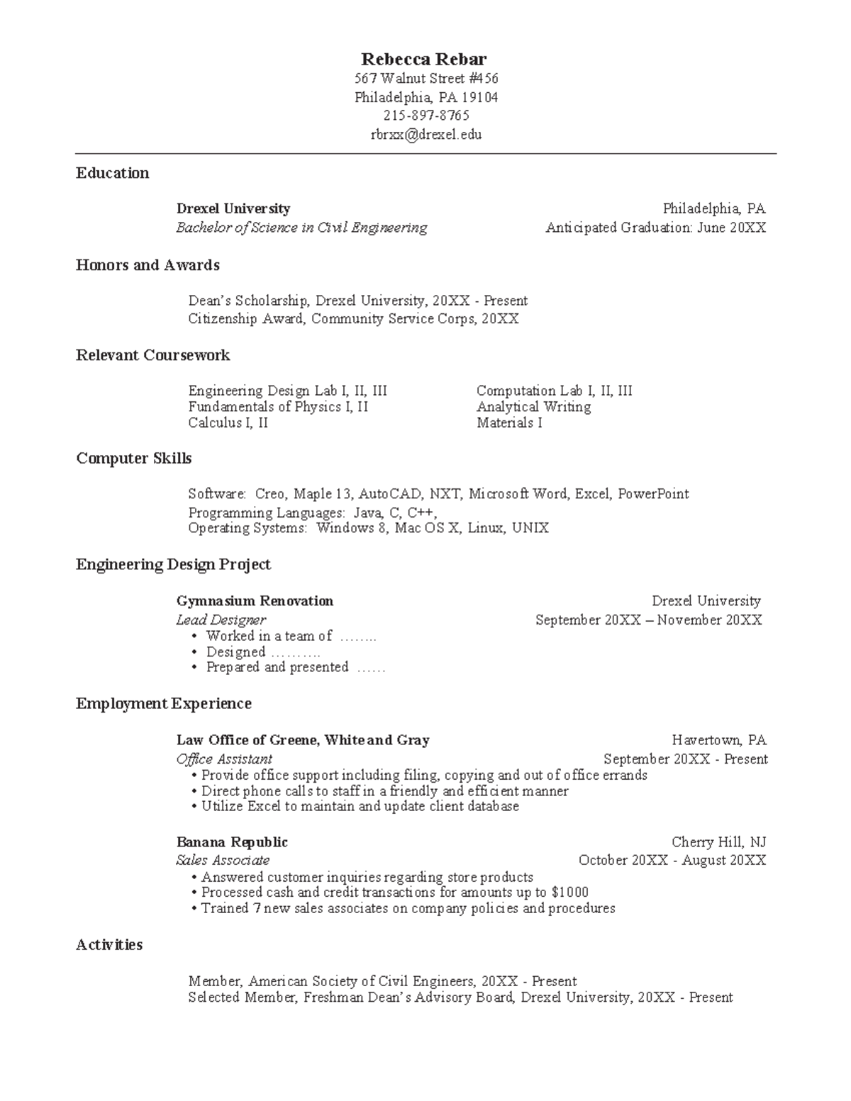 Resume sample - Coop prep - Rebecca Rebar 567 Walnut Street ...