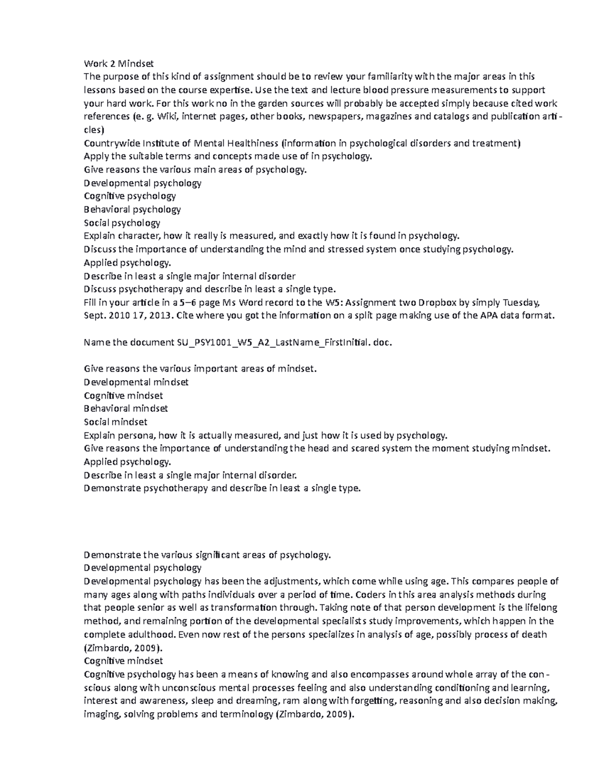 Assignment 2 Psychology 1 - Work 2 Mindset The purpose of this kind of ...