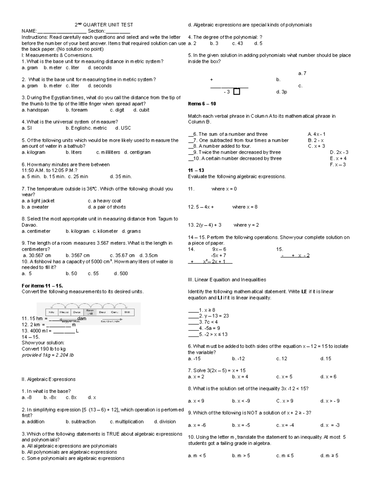 2ND Quarter UNIT TEST math 7 - 2 ND QUARTER UNIT TEST NAME ...