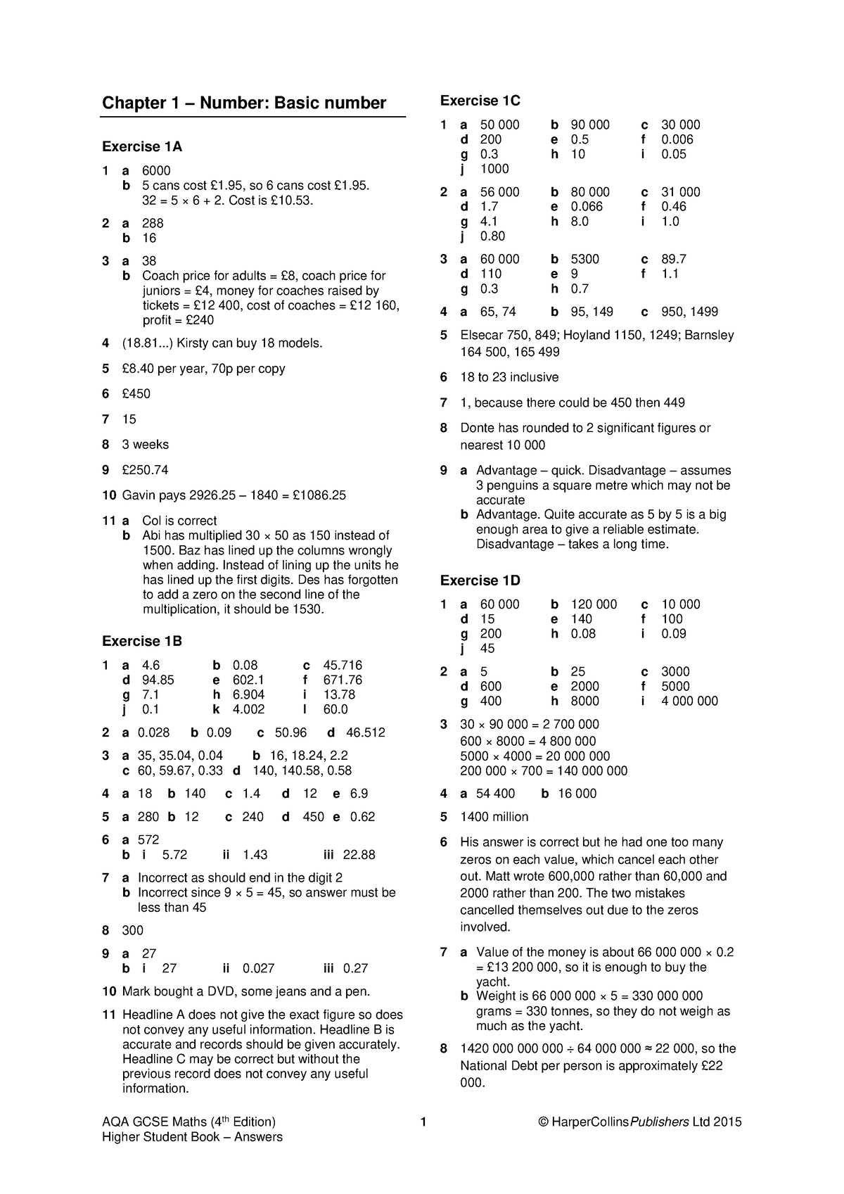 AQA GCSE Maths Higher SB Answers - AQA GCSE Maths (4th Edition) 1 ...