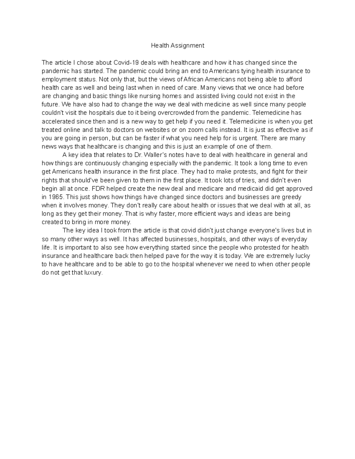 FW181 writing assignment #3 - Health Assignment The article I chose ...