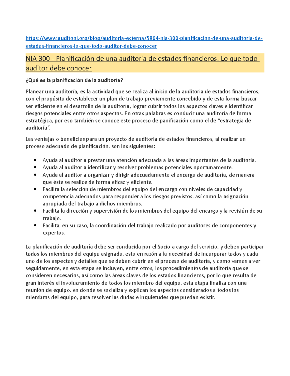 NIA 300 - Planificación De Una Auditoría De Estados Financieros. Lo Que ...