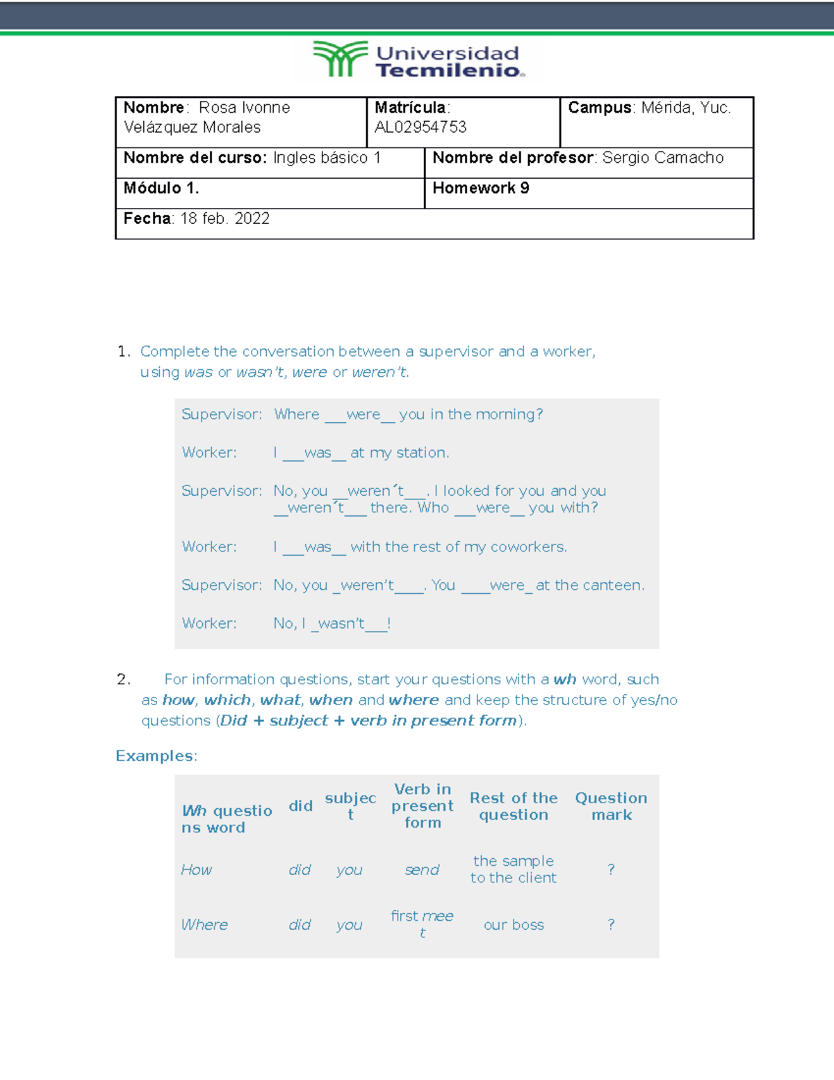 homework 12 ingles basico