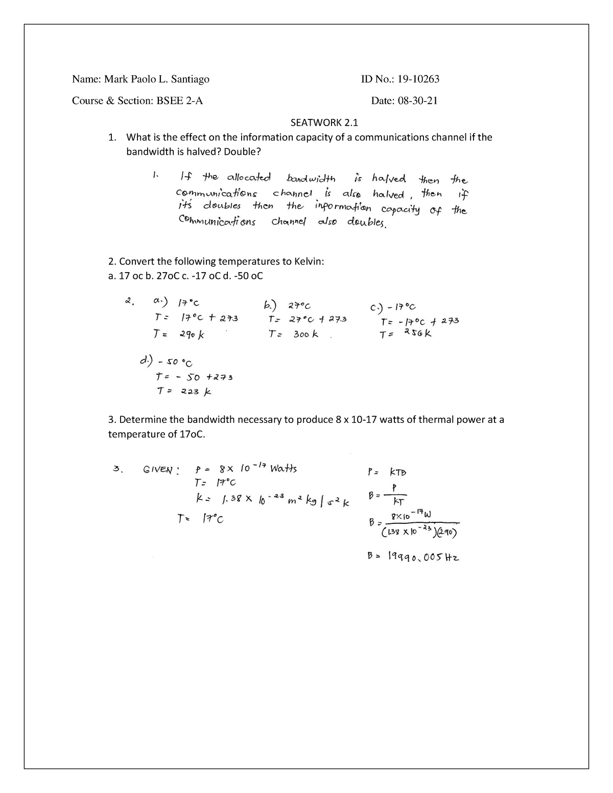 Seatwork 2 - Fundamentals of Electronic Communications. - Name: Mark ...