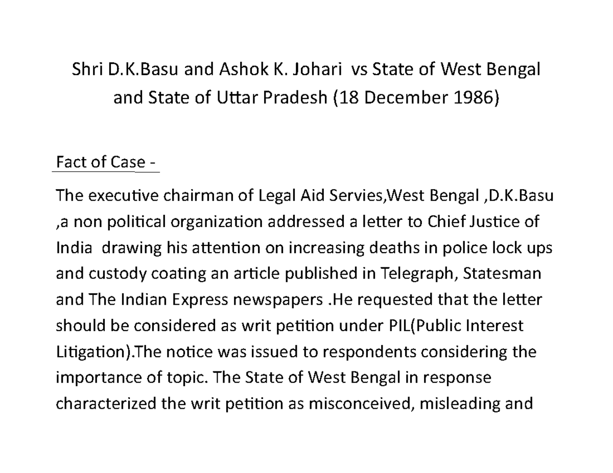 Case analysis Shri D.K and Ashok K. Johari vs State of West Bengal