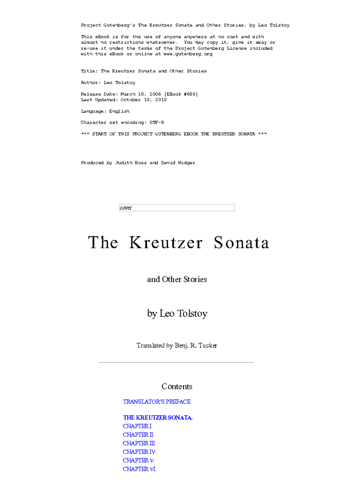 The Kreutzer Sonata and Other Stories by Count Leo Tolstoy Project Gutenberg's The Kreutzer
