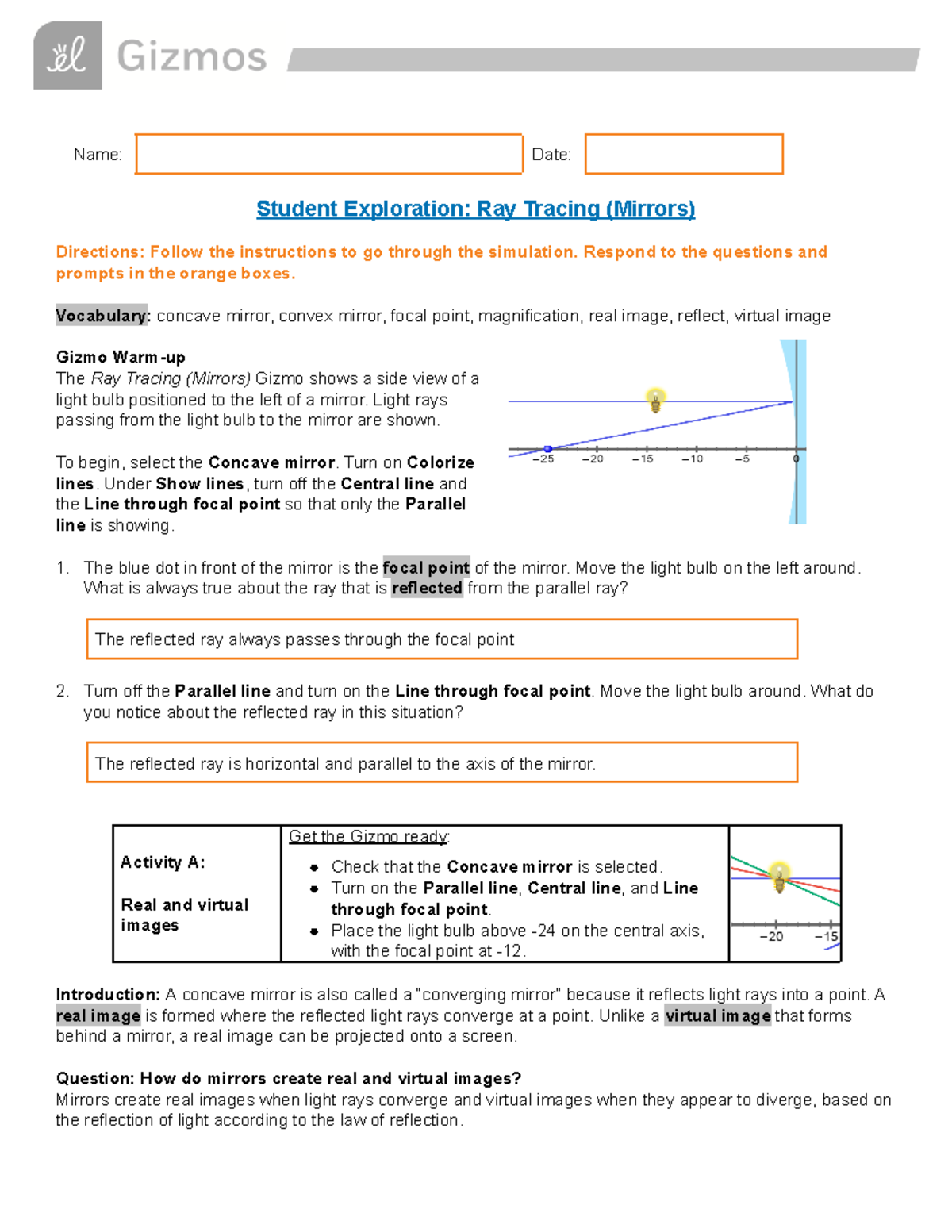 Ray Tracing Mirrors Gizmo Name Date Student Exploration Ray