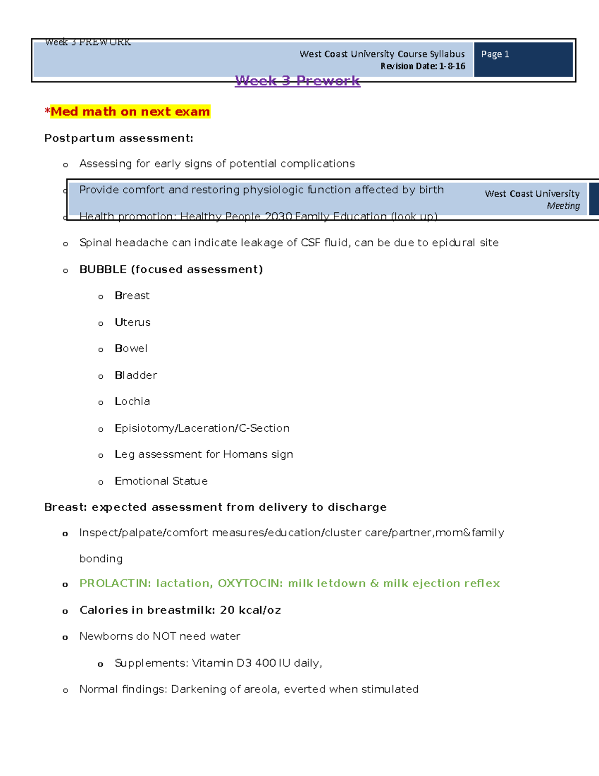 WEEK 3 OB Prework - ob notes - West Coast University Course ...