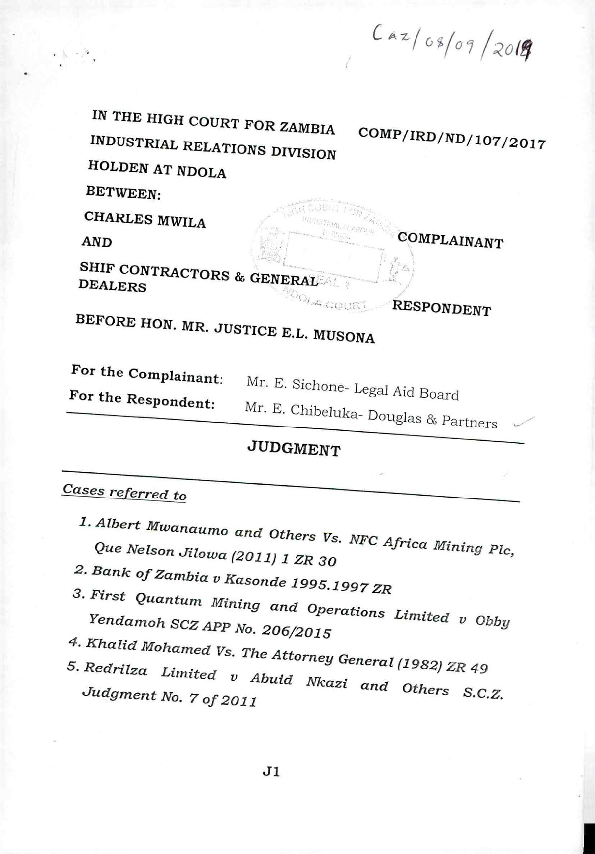 Comp ird nd 107 2017 charles mwila vs shif contractors general dealers ...