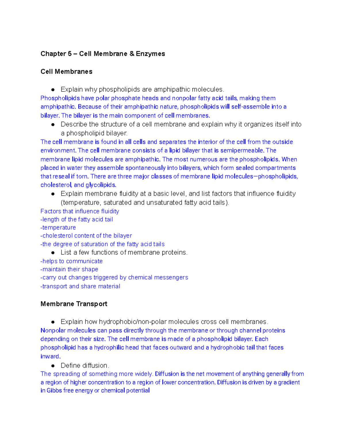 Exam two study guide - Chapter 5 – Cell Membrane & Enzymes Cell ...