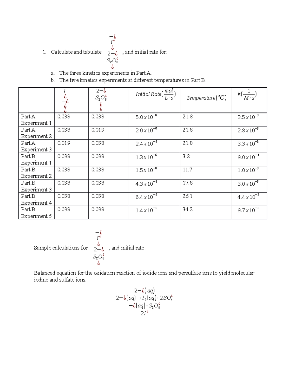 Experiment 3 Lab Report Chem 1310 1. Calculate and tabulate ¿, and initial rate for