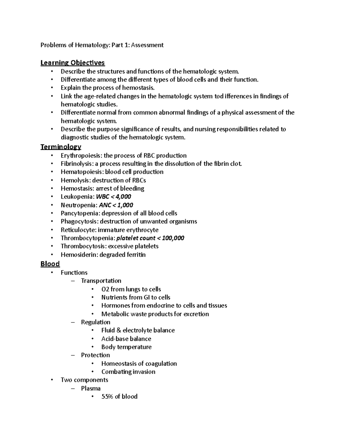 Problems of Hematology - • Differentiate among the different types of ...