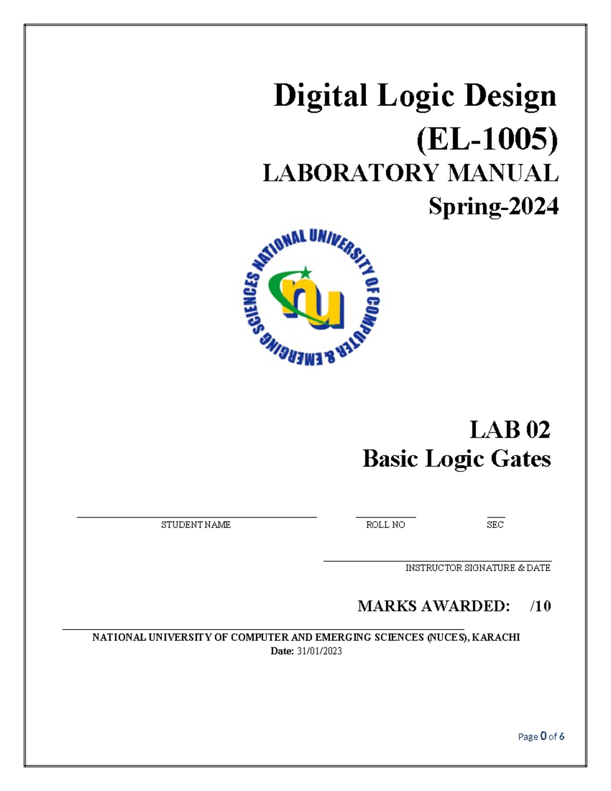 DLD LAB 02 Digital Logic Design (EL1005) LABORATORY MANUAL Spring