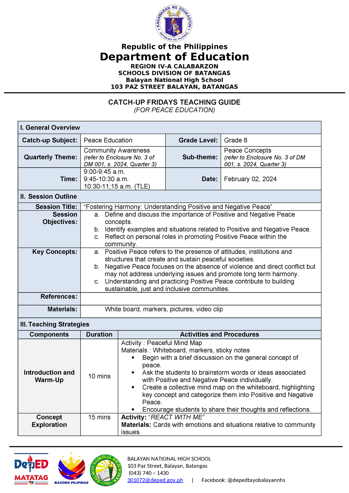 Catch UP Fridays Teaching Guide Peace Education - BALAYAN NATIONAL HIGH ...