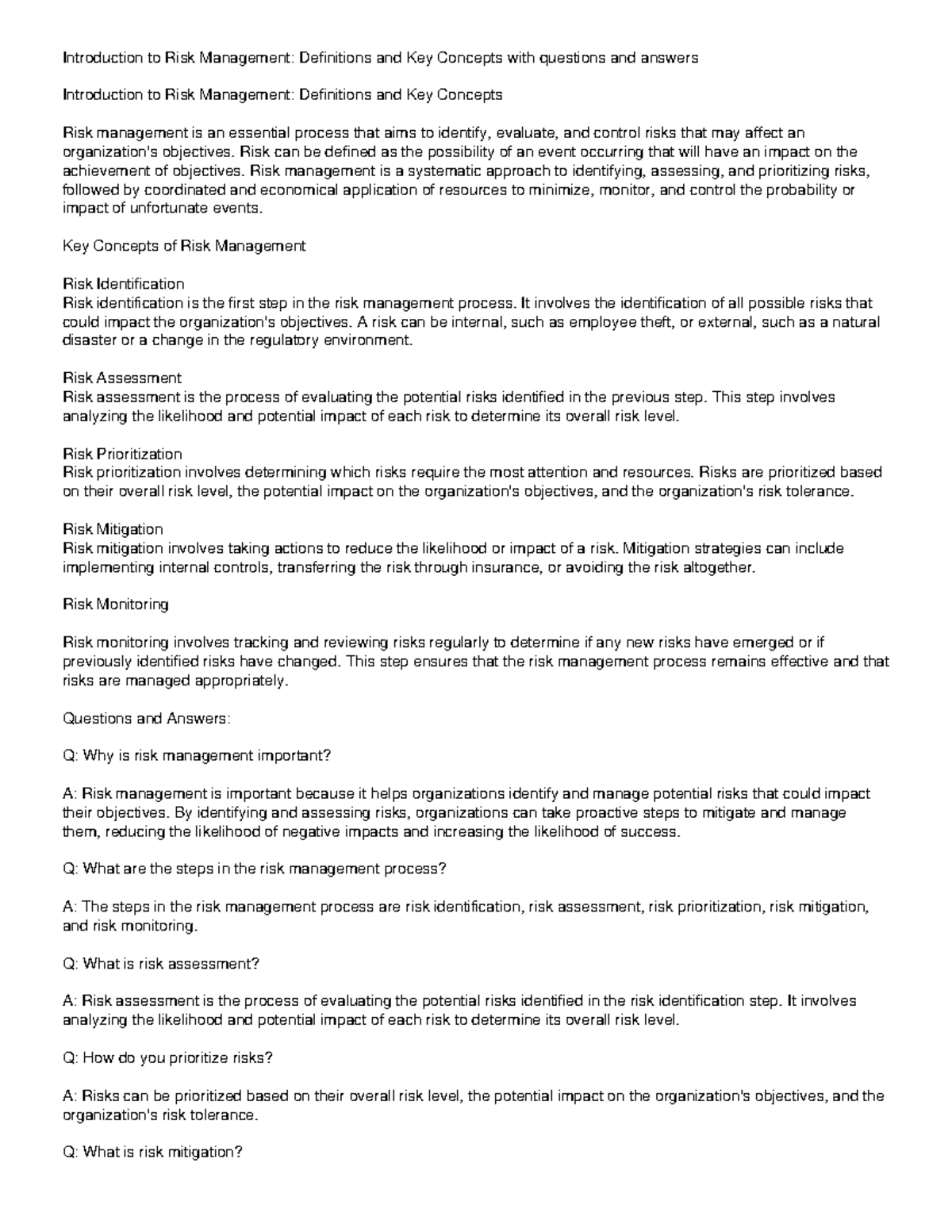 Introduction to Risk Management Definitions and Key Concepts - Risk can ...