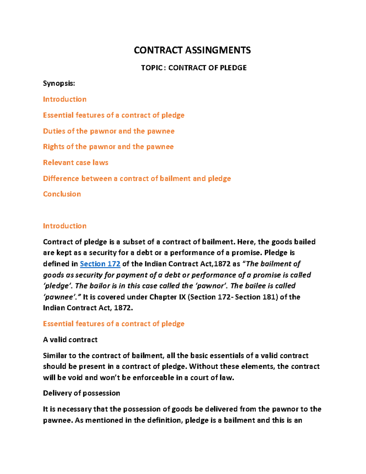 Contract Assingments 2022 - CONTRACT ASSINGMENTS TOPIC : CONTRACT OF ...