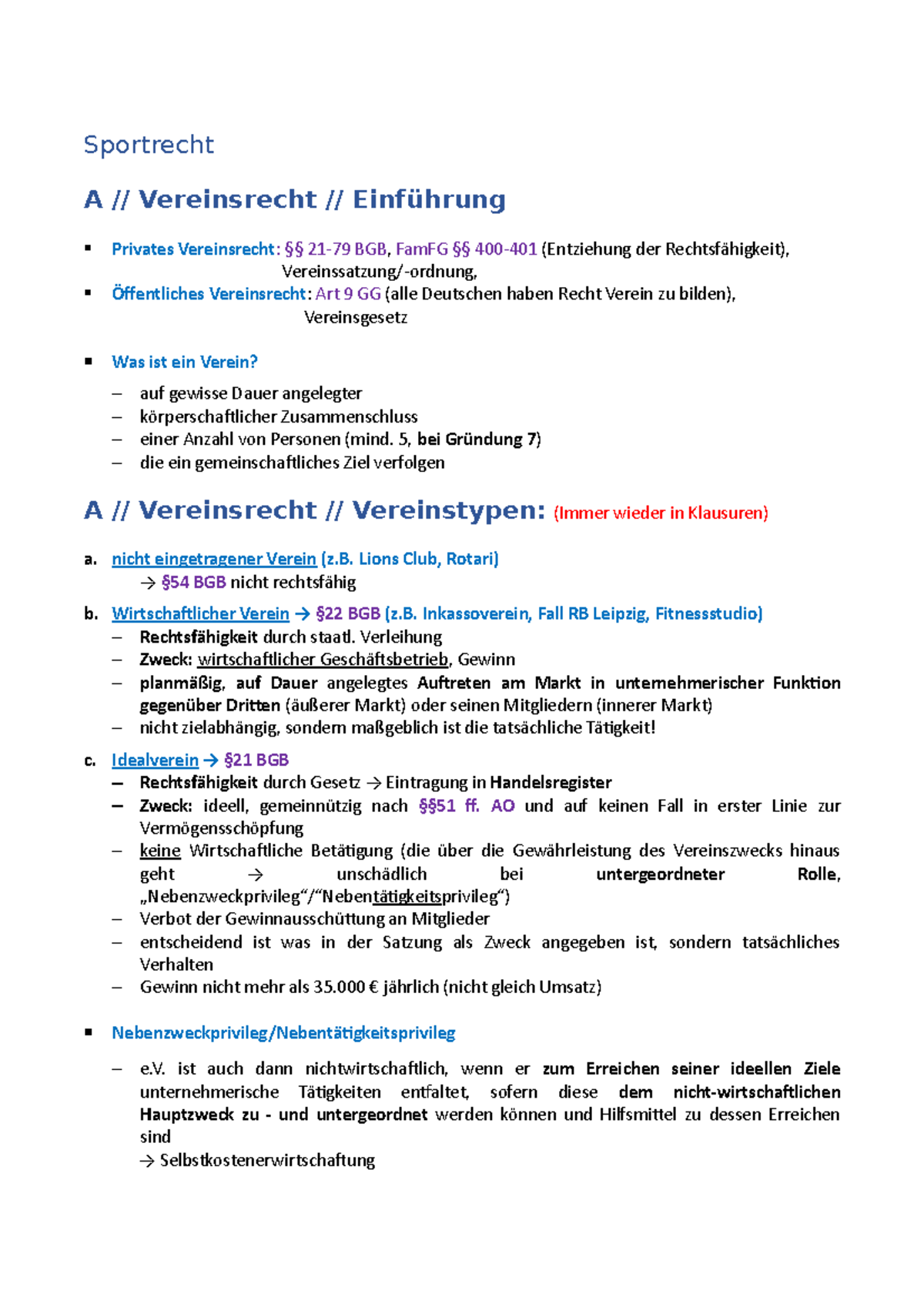 Vereinsrecht Zusammenfassung - Sportrecht A // Vereinsrecht ...