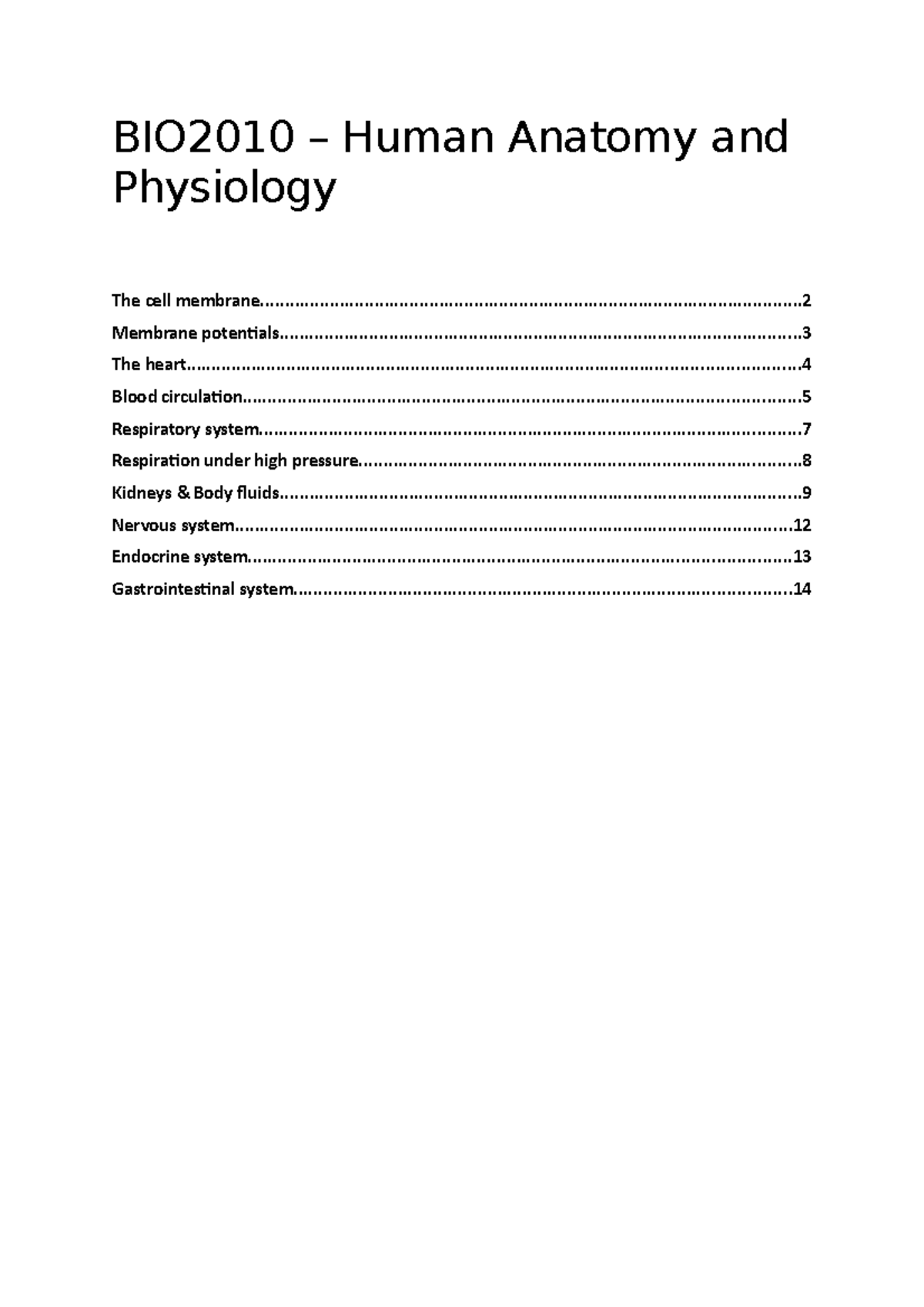 BIO2010 – Human Anatomy and Physiology - BIO2010 – Human Anatomy and ...