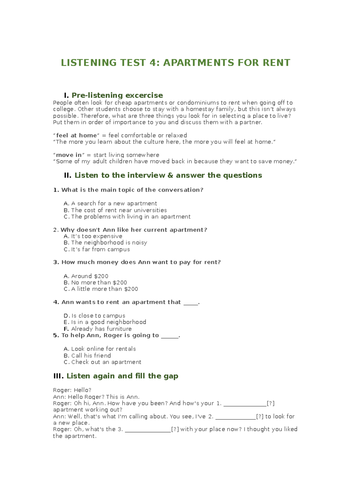 Listening TEST 4 ( Apartments FOR RENT) LISTENING TEST 4 APARTMENTS