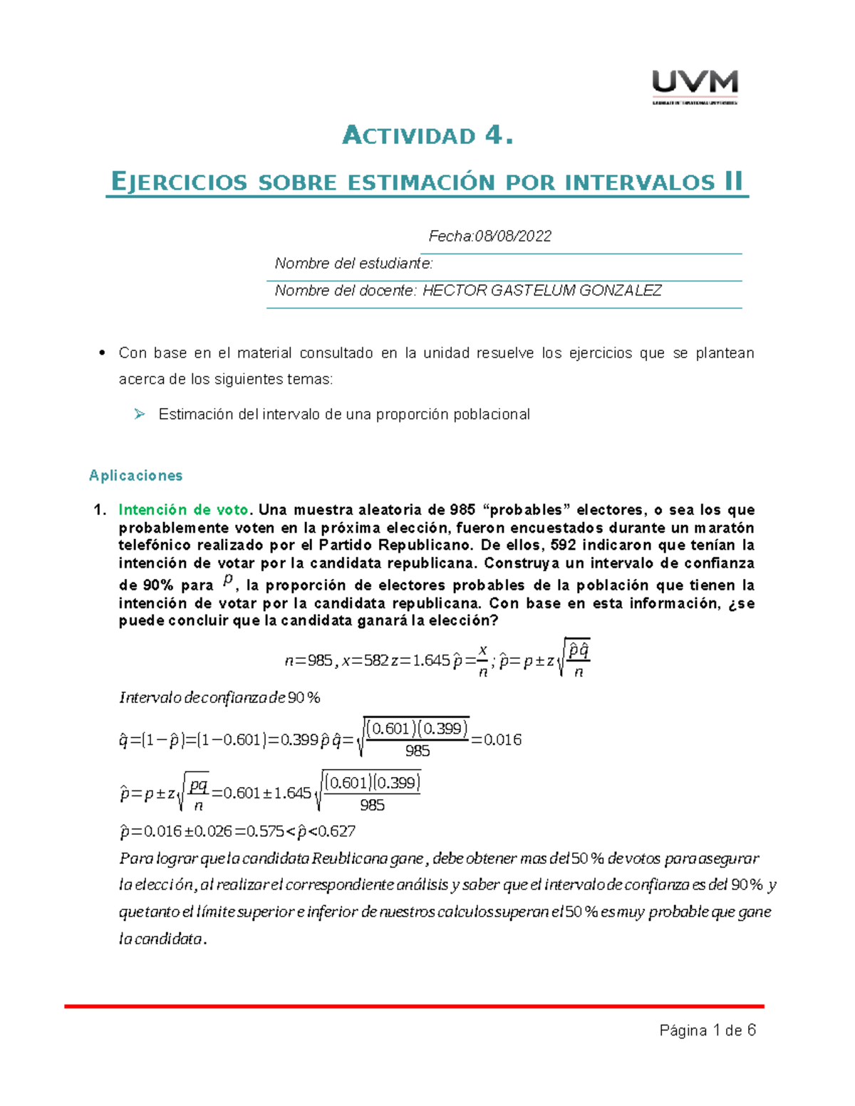 A4 Ejercicios Estadística Inferencial Actividad 4 Ejercicios Sobre