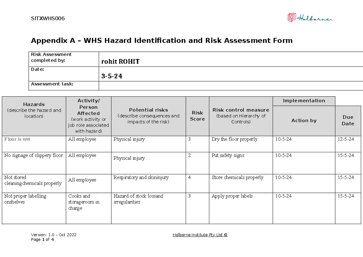 25 - Sitxwhs 006 - Appendix A (19) - Appendix A – WHS Hazard ...