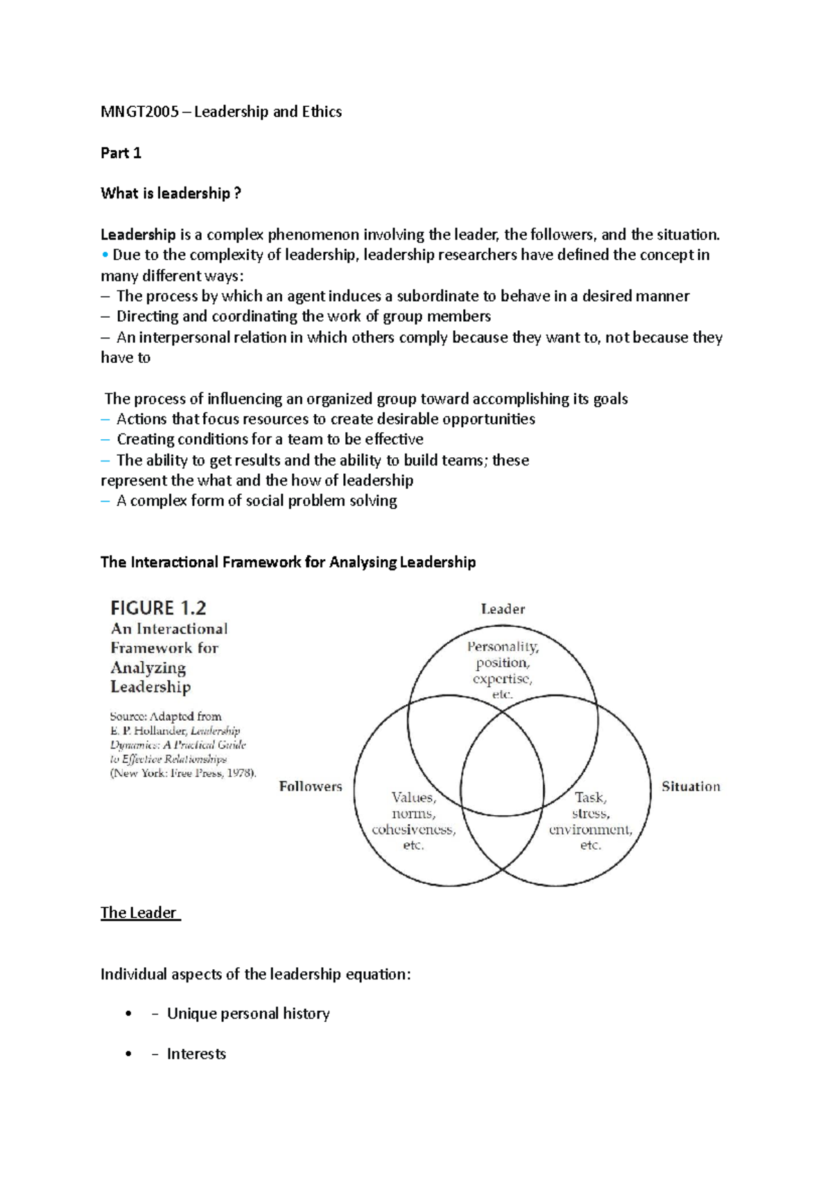 Week 1 - Lecture notes 1 - MNGT2005 – Leadership and Ethics Part 1 What ...
