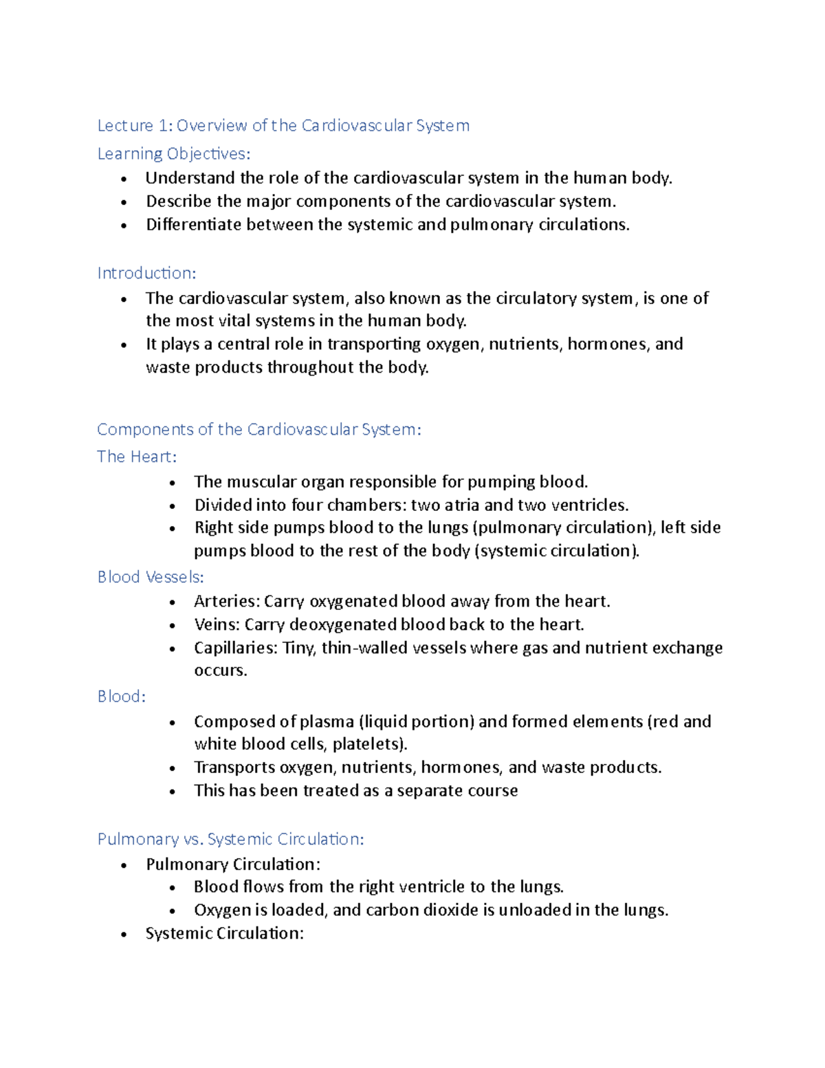 Lecture 1 - Medical school - Lecture 1: Overview of the Cardiovascular ...
