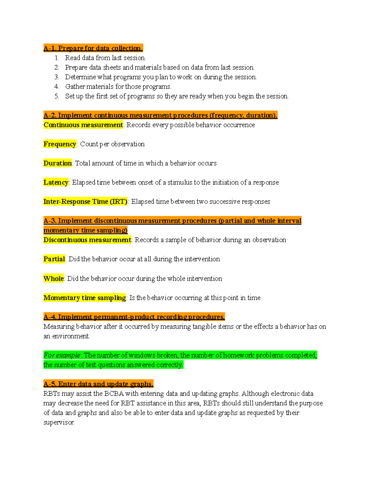 RBT Exam Study Guide Measurement A 1 Prepare For Data Collection 1 