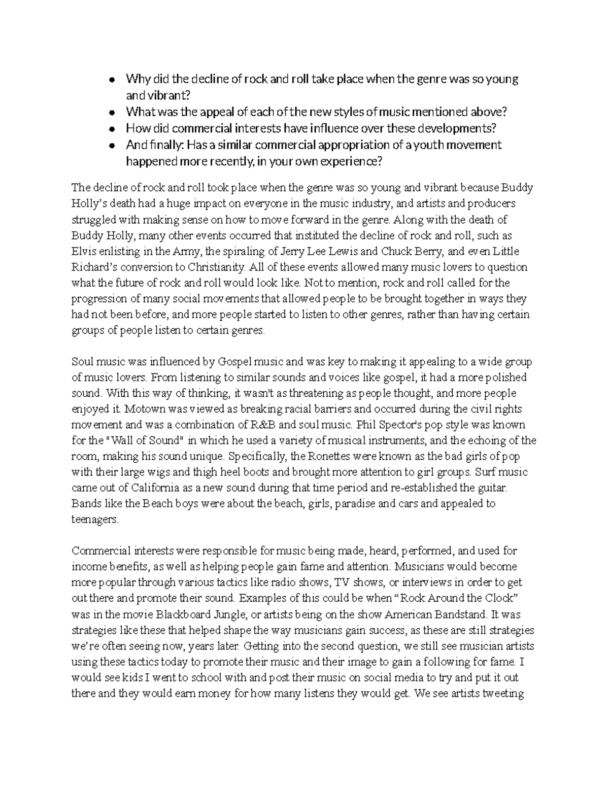The day music died Why did the decline of rock and roll take place