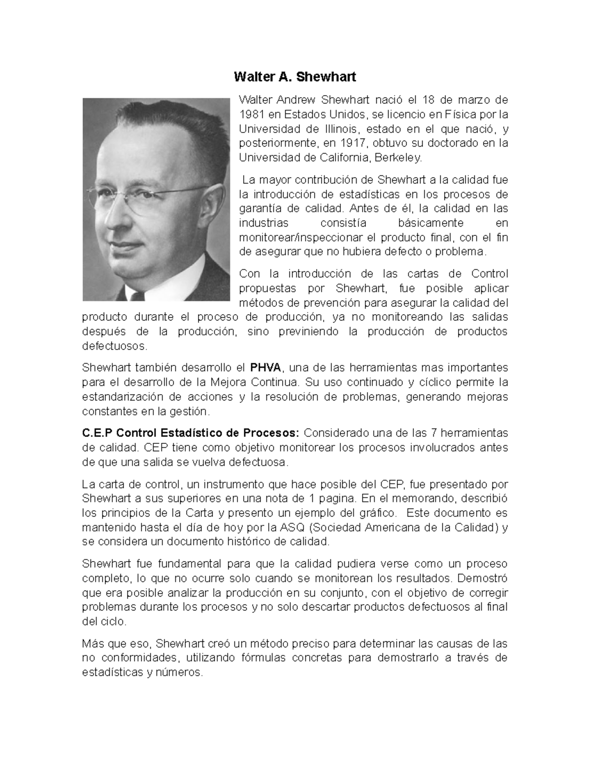 Walter A - COLEGIO - Walter A. Shewhart Walter Andrew Shewhart nació el ...