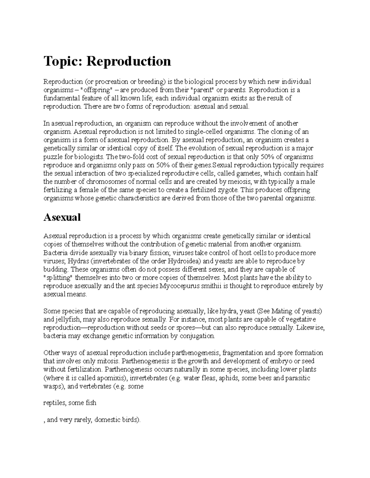 Reproduction - Assingment on the topic. - Topic: Reproduction ...