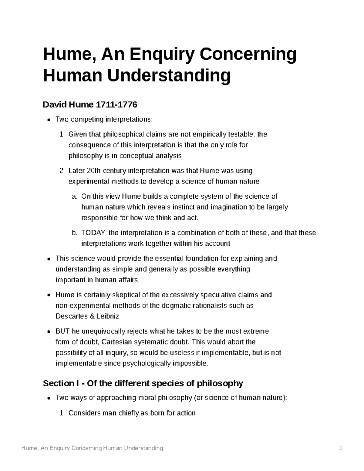 Hume Lecture Notes Hume, An Enquiry Concerning Human Understanding