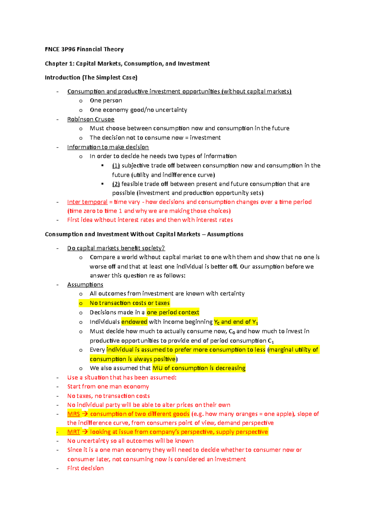 Chapter 1 - Capital Markets, Consumption and Investment - FNCE 3P96 ...