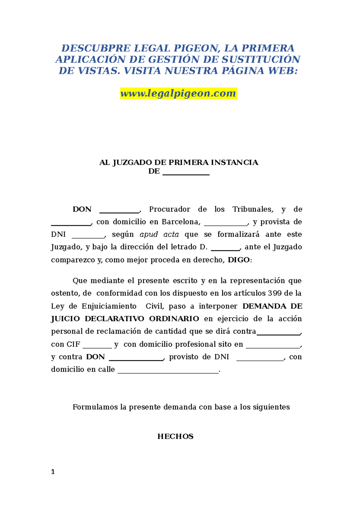 Modelo Demanda Juicio Ordinario - DESCUBPRE LEGAL PIGEON, LA PRIMERA ...