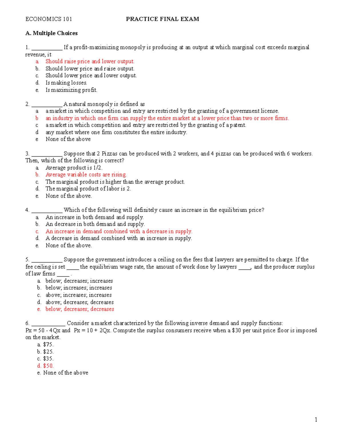 Practice Final Ans - ECONOMICS 101 PRACTICE FINAL EXAM A. Multiple ...