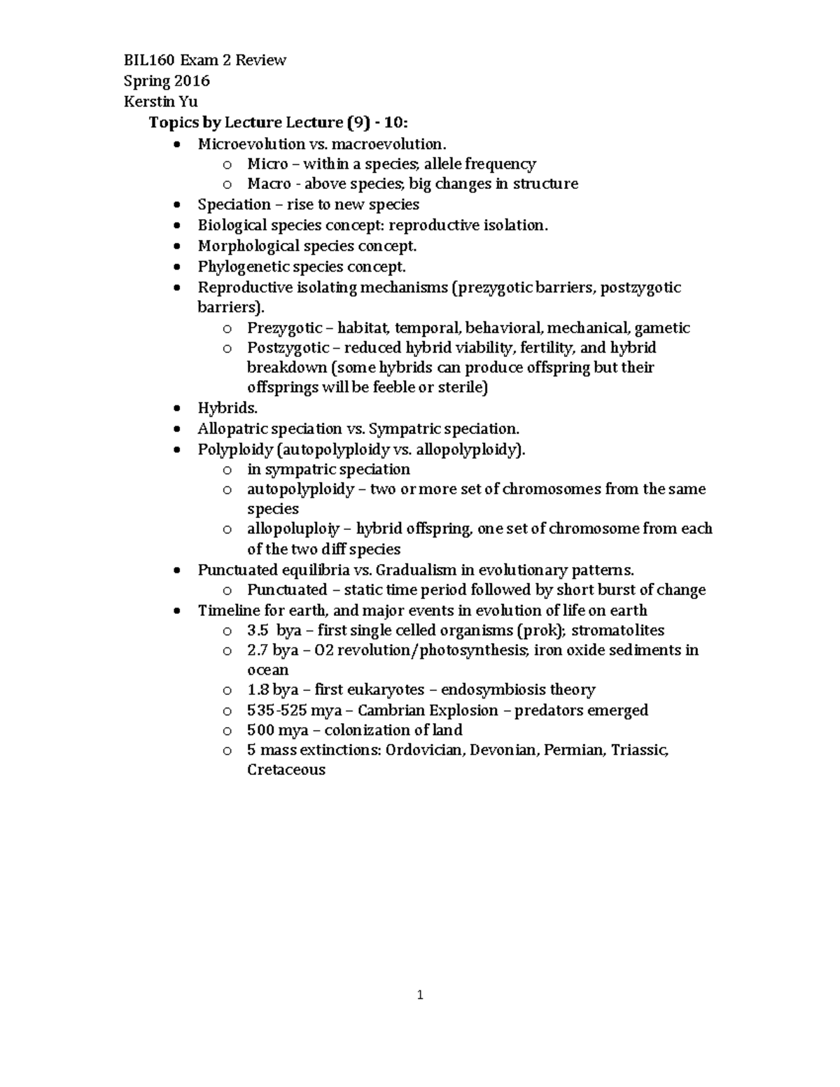 BIL160 Exam 2 Review - Study guide - Spring 2016 Kerstin Yu Topics by ...