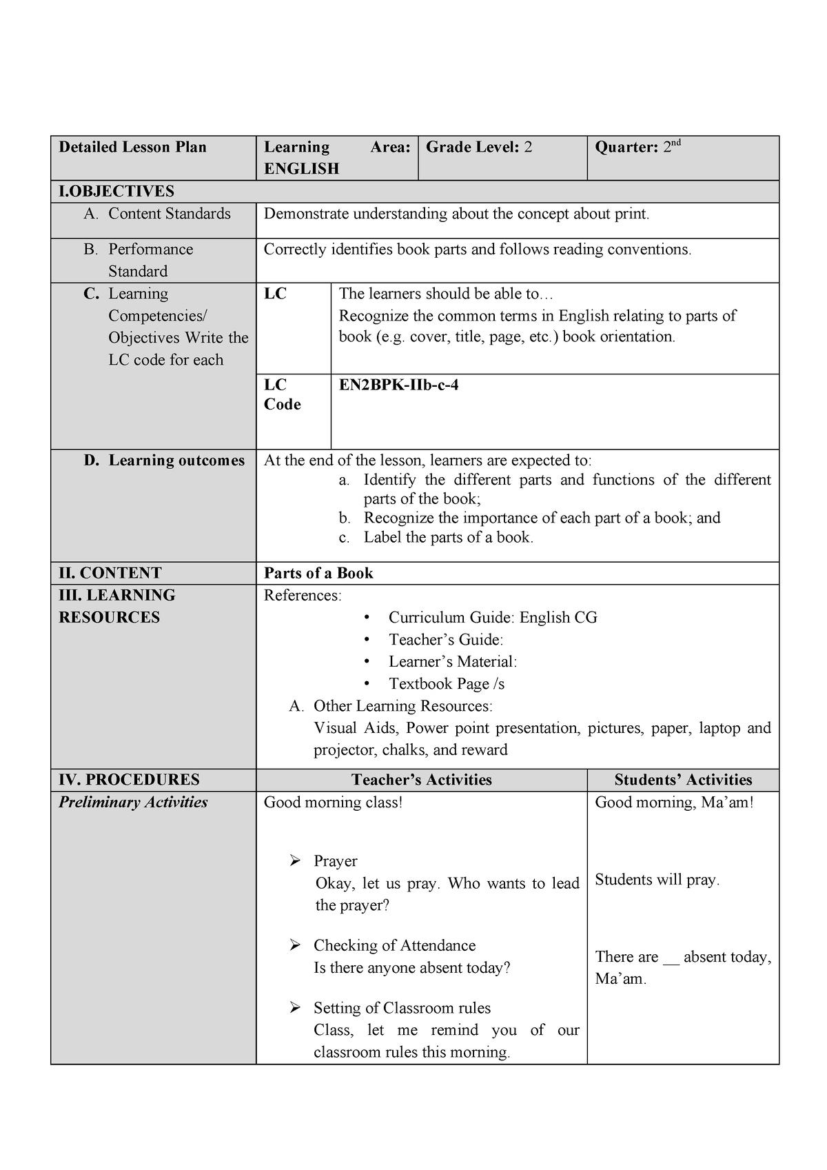 English 2 semi-Lp - NONE - Detailed Lesson Plan Learning Area: ENGLISH ...