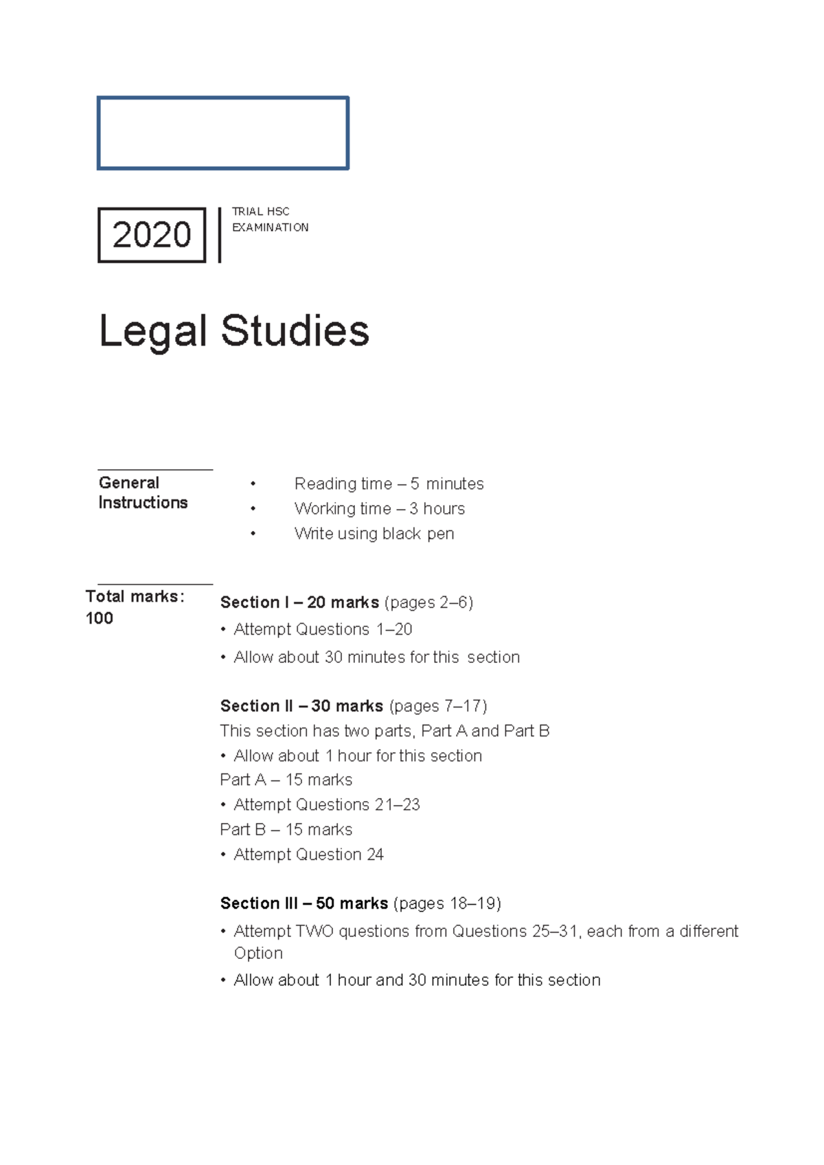 2020 Trial Practice Paper - TRIAL HSC EXAMINATION Legal Studies General ...