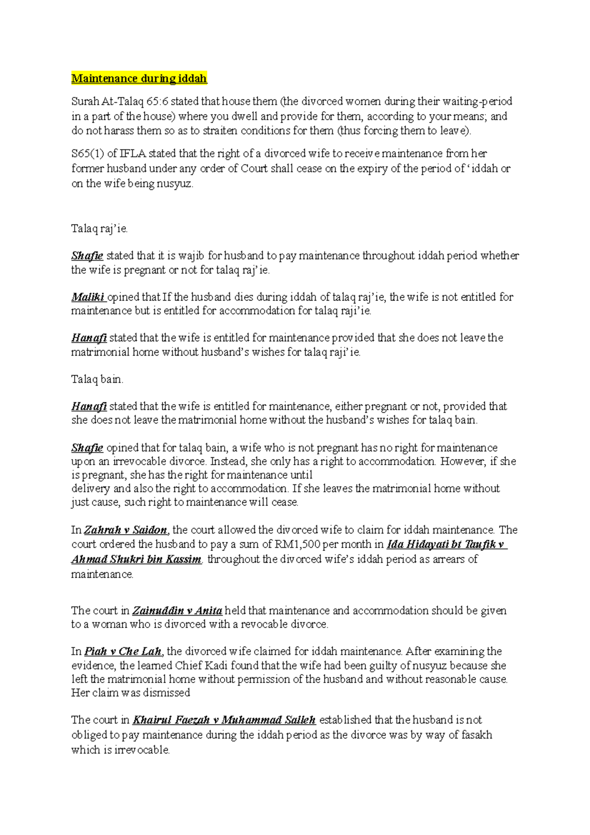 Ancillary Claims Lecture notes 1 Maintenance during iddah Surah At