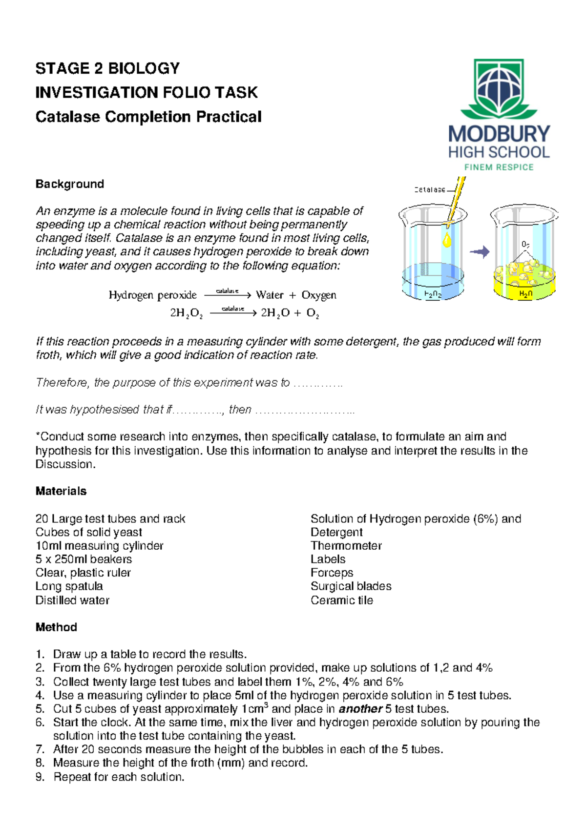 SACE Catalase Practical Procedure Concentration 2023 - STAGE 2 BIOLOGY ...