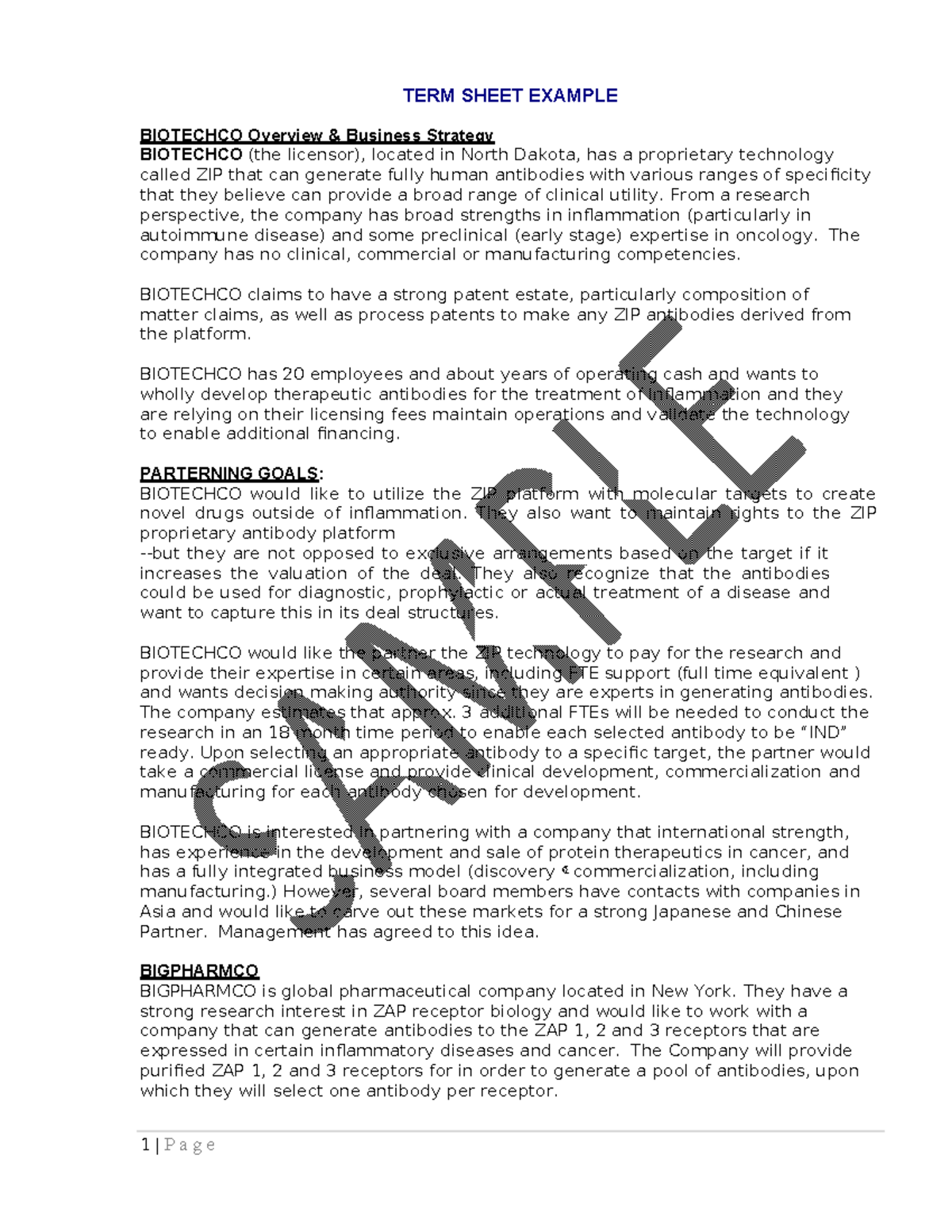 TERM Sheet Example Cupit AND Sinatra - TERM SHEET EXAMPLE BIOTECHCO ...